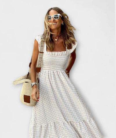 Tiziana - Plaid Ruffle Shoulder Maxi Dress