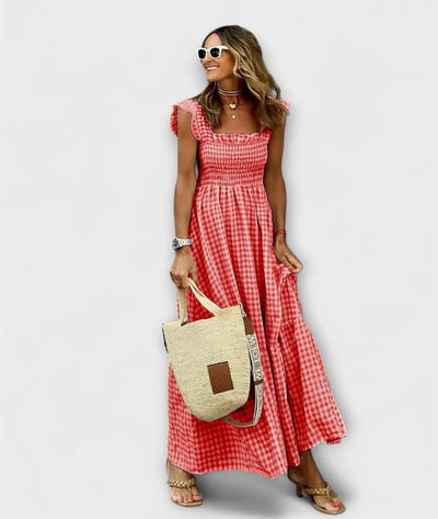 Tiziana - Plaid Ruffle Shoulder Maxi Dress