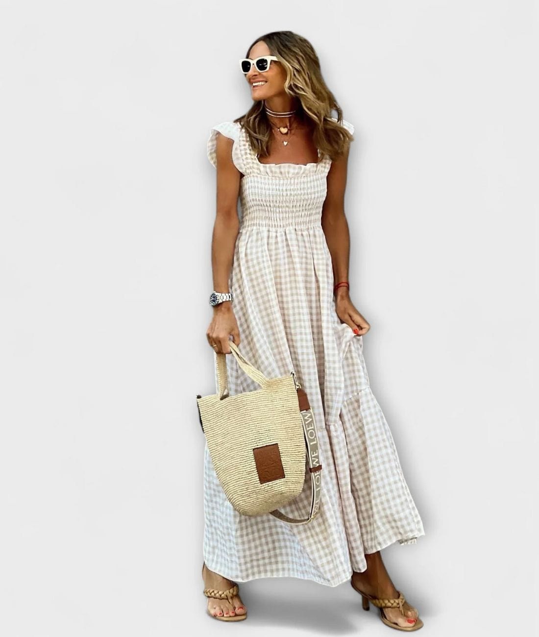 Tiziana - Plaid Ruffle Shoulder Maxi Dress