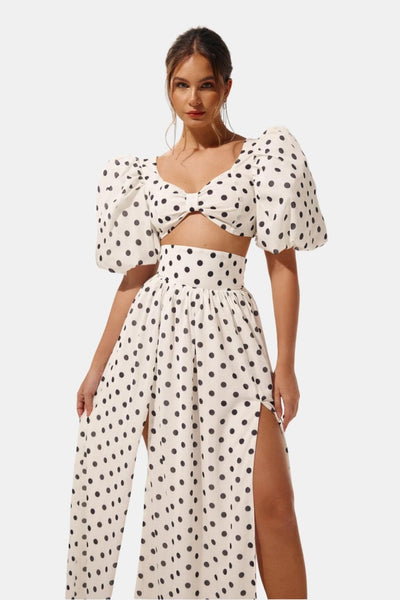 Valenca - Polka Dot Puff Sleeve Maxi Cocktail Dress Set
