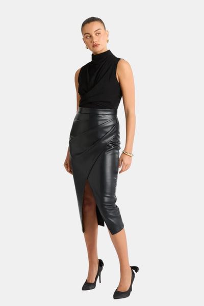 Vera – Pleated Split Faux Leather Midi Skirt