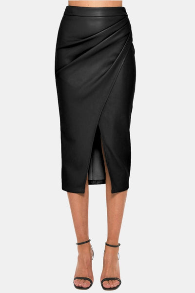 Vera – Pleated Split Faux Leather Midi Skirt
