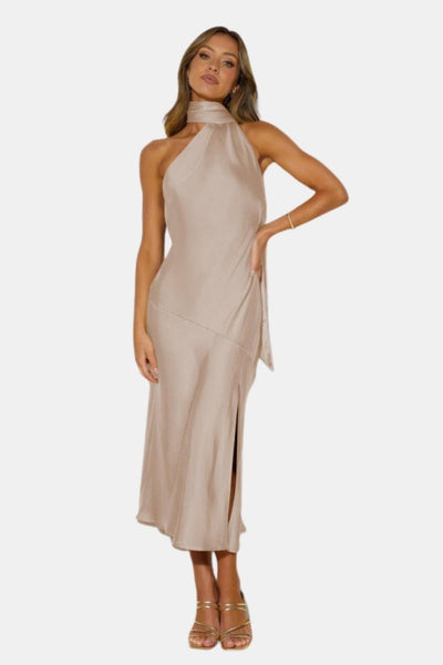 Vionna – Satin Halterneck Midi Dress with Cowl Detail
