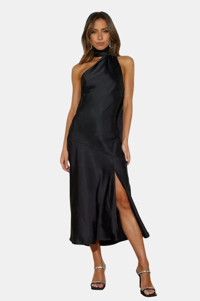 Vionna – Satin Halterneck Midi Dress with Cowl Detail