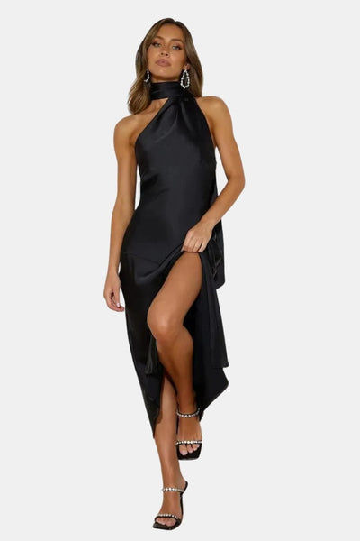 Vionna – Satin Halterneck Midi Dress with Cowl Detail