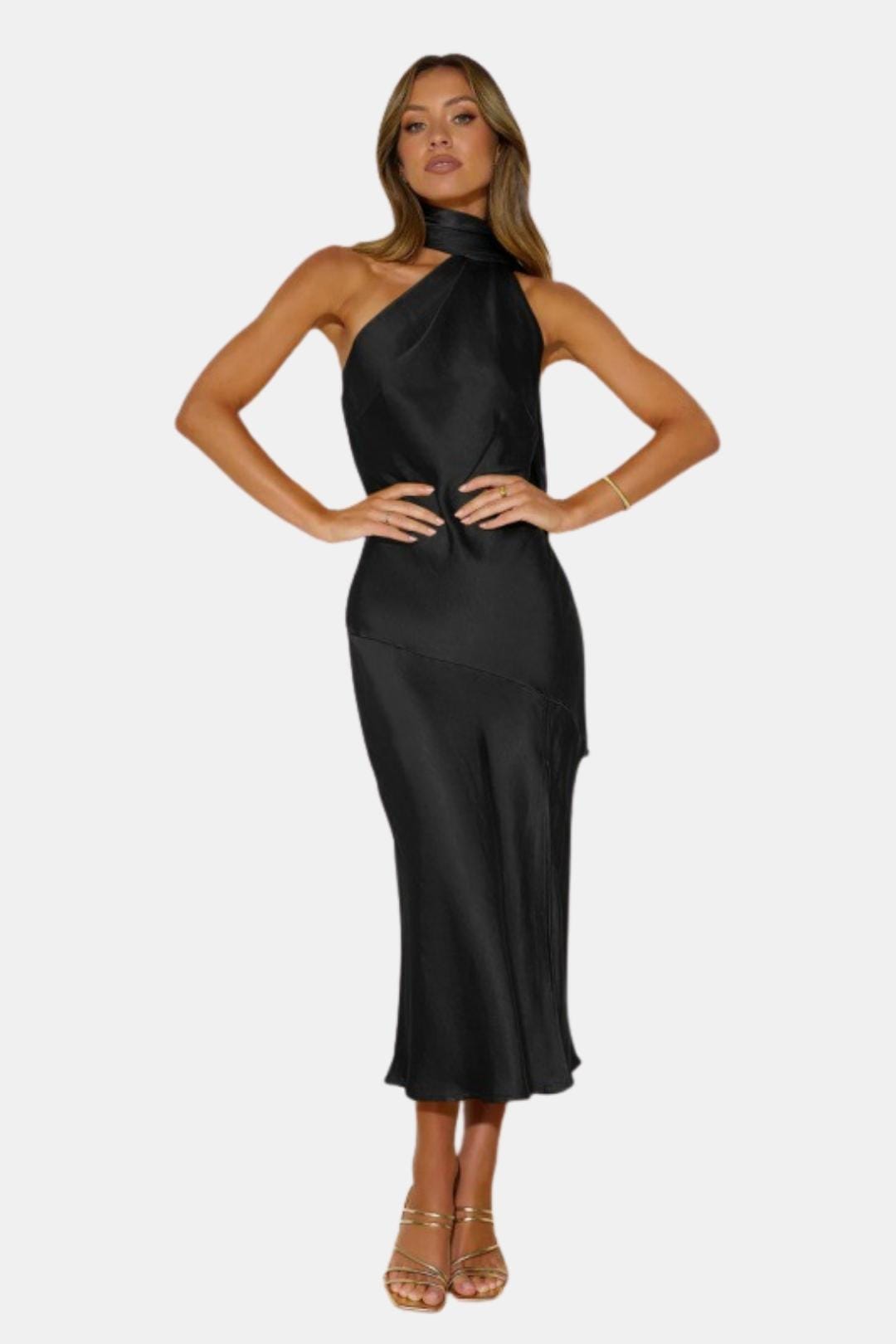 Vionna – Satin Halterneck Midi Dress with Cowl Detail