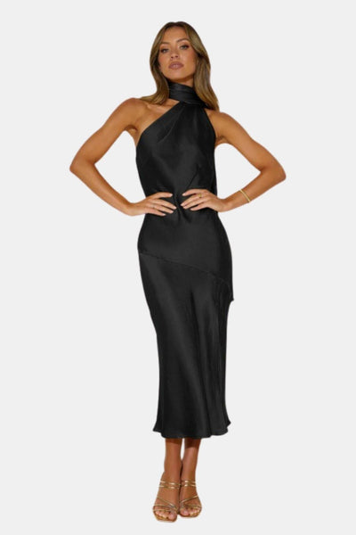 Vionna – Satin Halterneck Midi Dress with Cowl Detail
