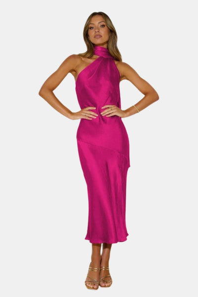 Vionna – Satin Halterneck Midi Dress with Cowl Detail