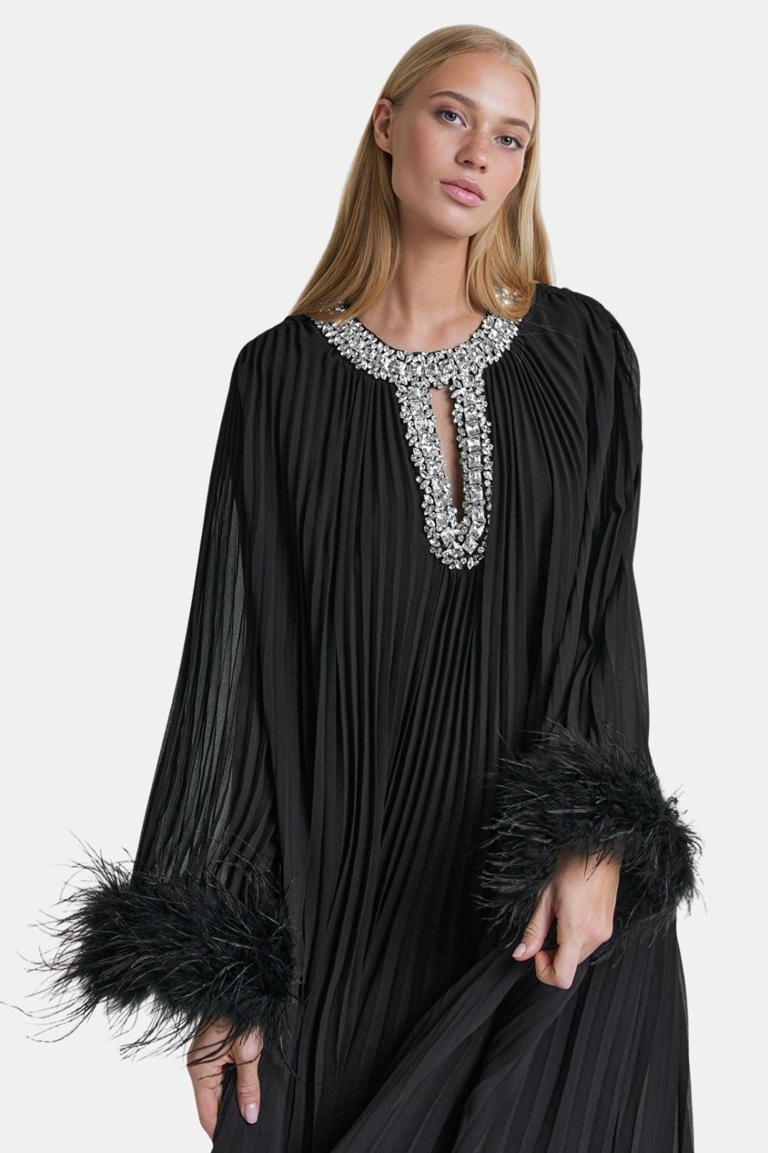Virelia - Diamante Feathered Pleated Maxi Chiffon Cocktail Dress