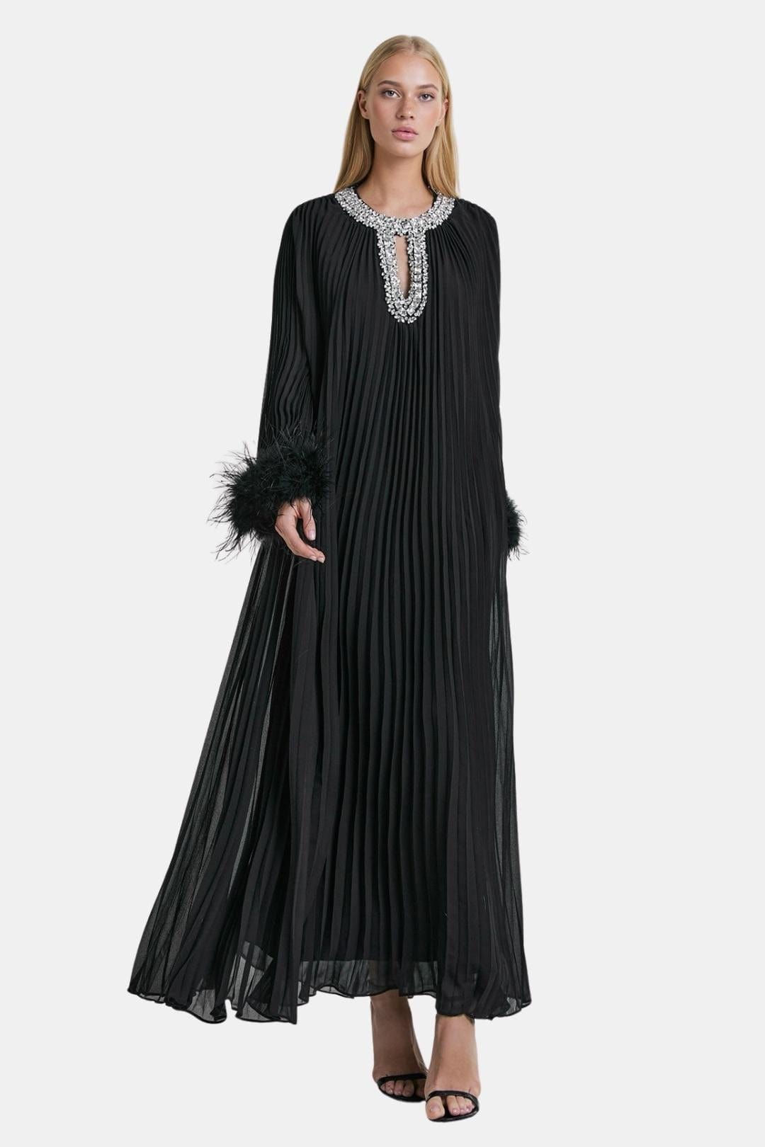 Virelia - Diamante Feathered Pleated Maxi Chiffon Cocktail Dress