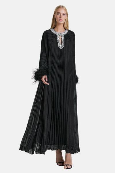 Virelia - Diamante Feathered Pleated Maxi Chiffon Cocktail Dress