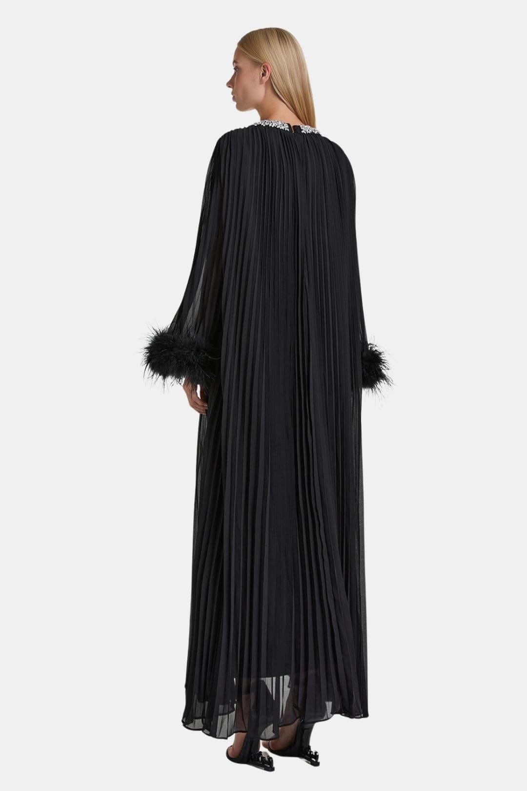 Virelia - Diamante Feathered Pleated Maxi Chiffon Cocktail Dress