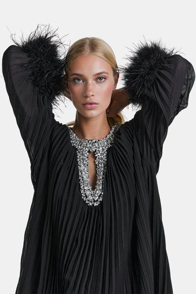 Virelia - Diamante Feathered Pleated Maxi Chiffon Cocktail Dress