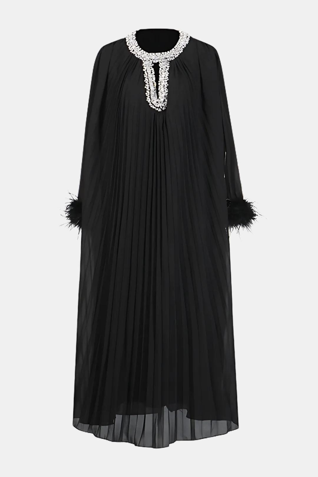 Virelia - Diamante Feathered Pleated Maxi Chiffon Cocktail Dress