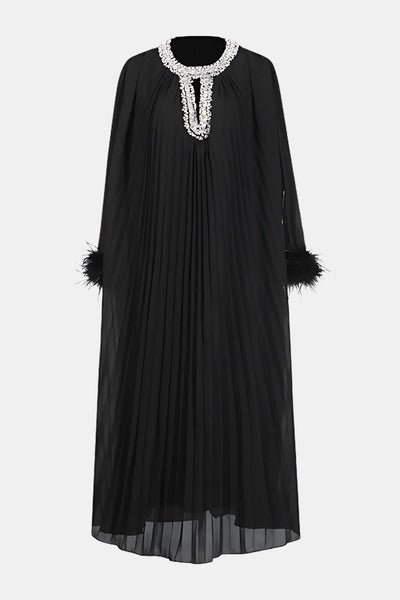 Virelia - Diamante Feathered Pleated Maxi Chiffon Cocktail Dress