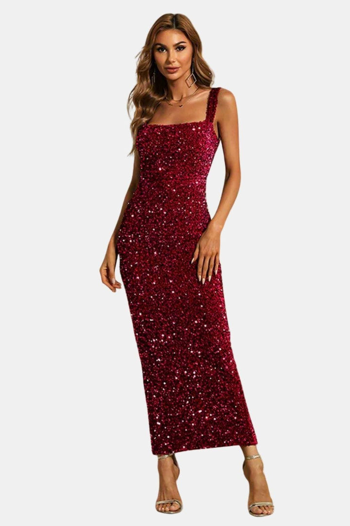 Cocktail Dress - Square Neck Sequin Cocktail Dress  Modesia