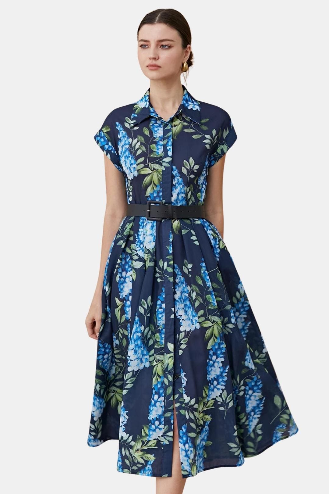 Wisteria – Midi Dress Printed Button Down Belted