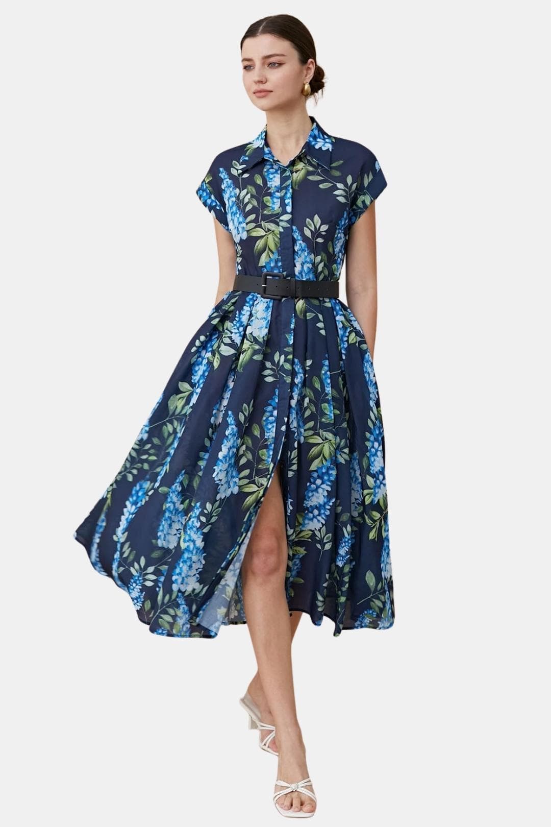 Wisteria – Midi Dress Printed Button Down Belted