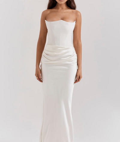 Zefyra – Elegant Draped Strapless Maxi Dress