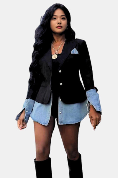 Zofia – Denim Patchwork Notched Lapel Blazer
