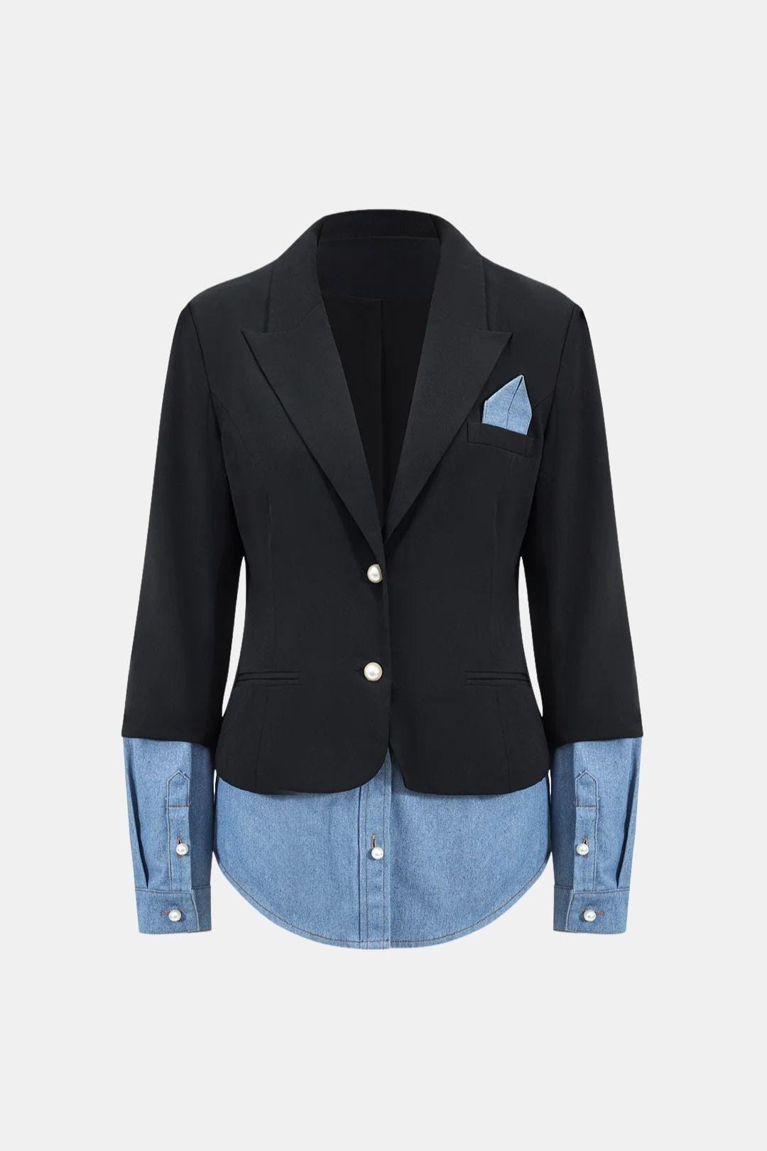 Zofia – Denim Patchwork Notched Lapel Blazer