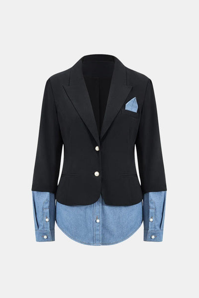 Zofia – Denim Patchwork Notched Lapel Blazer