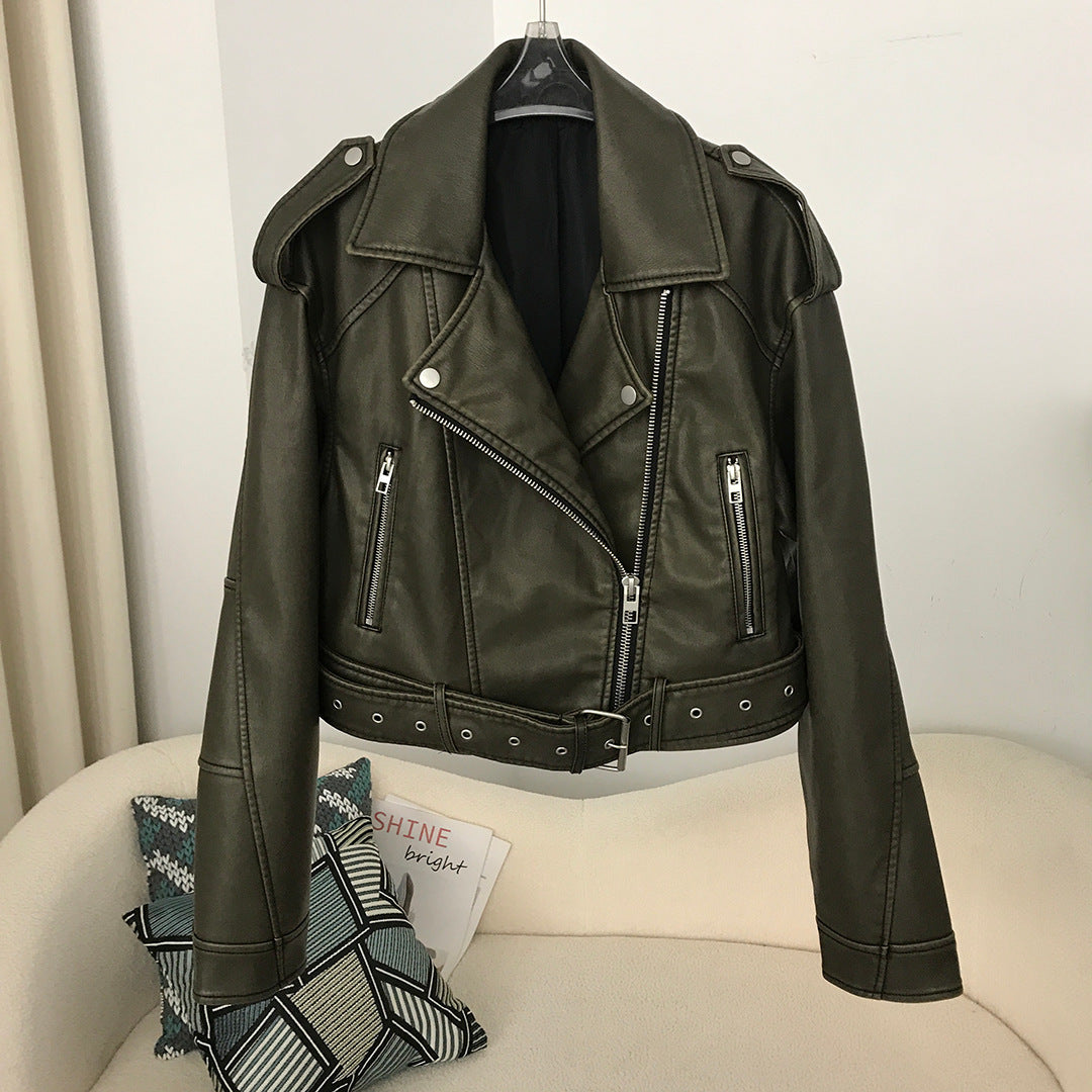 Cropped Moto Leather Jacket | Adjustable Belt | Edgy Style