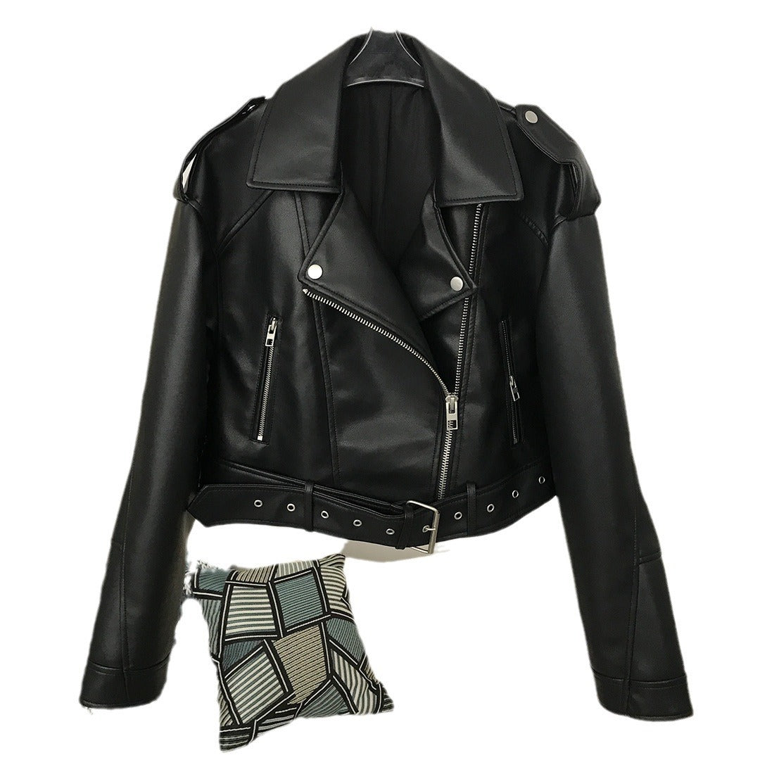 Cropped Moto Leather Jacket | Adjustable Belt | Edgy Style