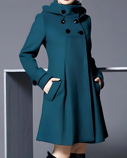 Fit-and-Flare Hooded Coat | Double-Breasted Design | Elegant A-Line Silhouette