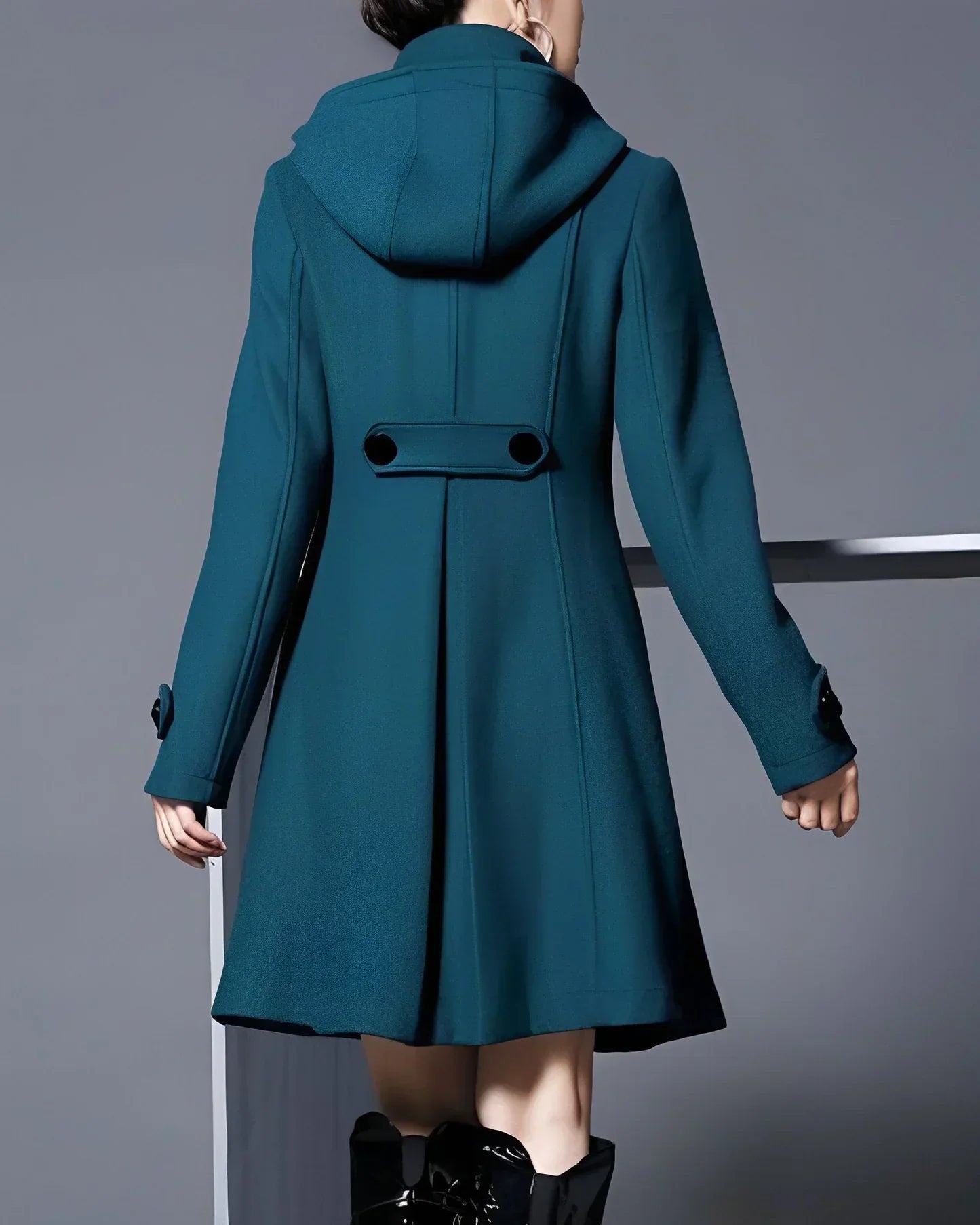 Fit-and-Flare Hooded Coat | Double-Breasted Design | Elegant A-Line Silhouette