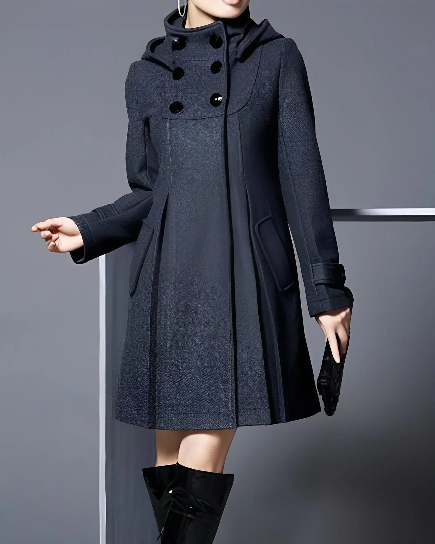 Fit-and-Flare Hooded Coat | Double-Breasted Design | Elegant A-Line Silhouette