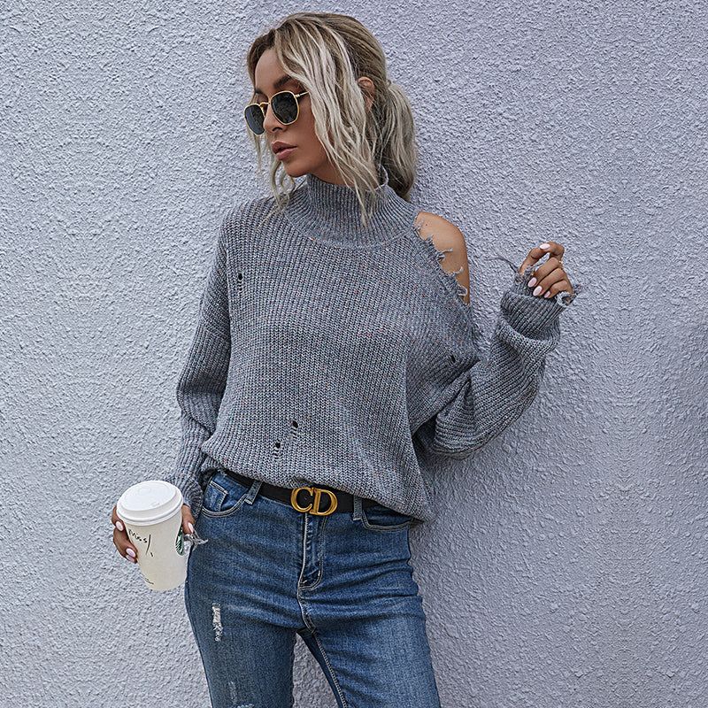 Women's Distressed Turtleneck Sweater | Relaxed Fit | Edgy and Cozy