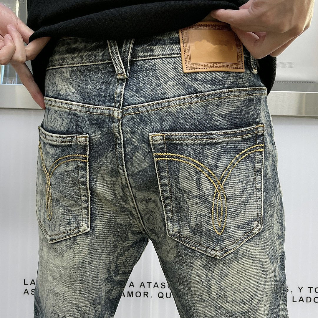 Patterned Distressed Jeans | Abstract Print | Tapered Fit