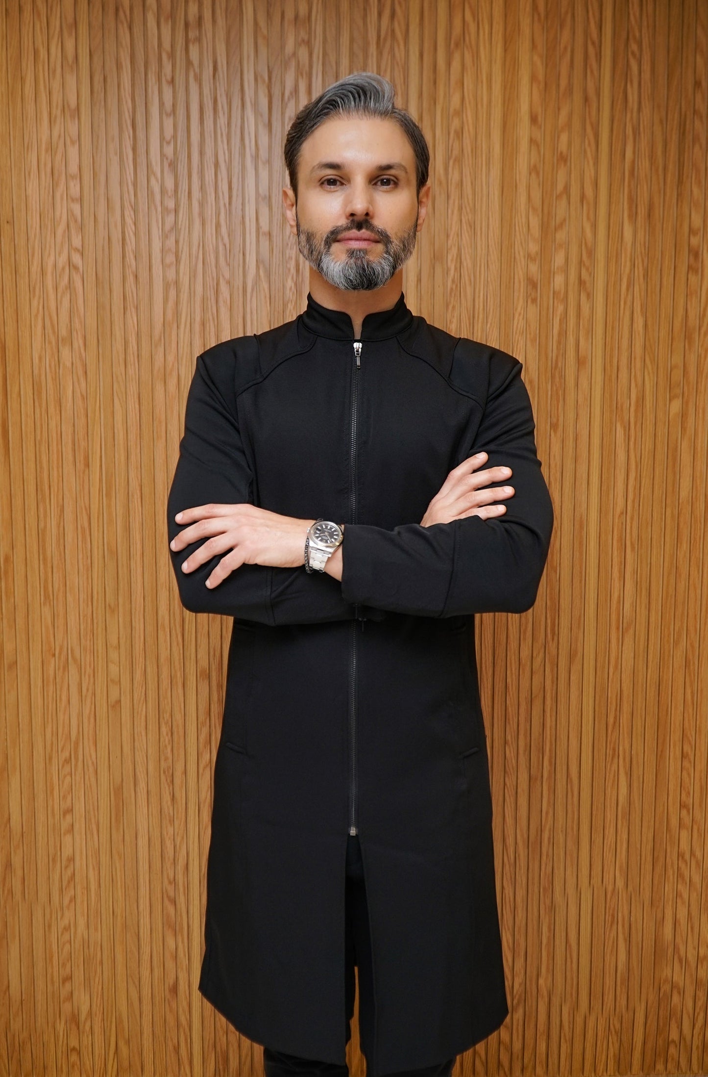 Tailored Black Kurta | High Collar | Formal Elegance